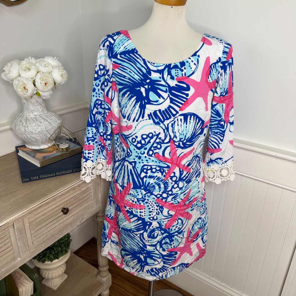 Lilly Pulitzer Women Starfish Shell Print Shift Dress Crochet Lace Cuffs Pink M